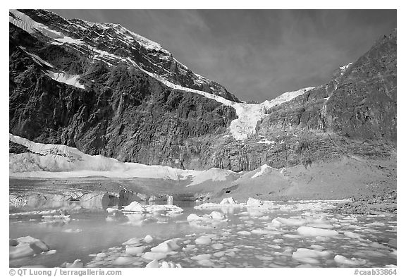 Cavell Pond and glaciers  at the base of Mt Edith Cavell, early morning. Jasper National Park, Canadian Rockies, Alberta, Canada (black and white)