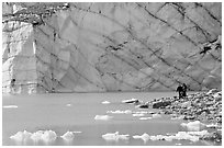 Hikers on the shore of Cavell Pond with high glacier wall behind. Jasper National Park, Canadian Rockies, Alberta, Canada ( black and white)