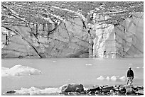 Hiker looking at the face of Cavell Glacier. Jasper National Park, Canadian Rockies, Alberta, Canada ( black and white)