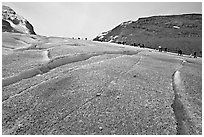 Crevasses on Athabasca Glacier with a line of tourists in the background. Jasper National Park, Canadian Rockies, Alberta, Canada (black and white)