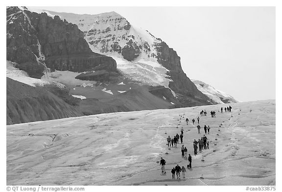 People amongst glacier and peaks, Columbia Icefield. Jasper National Park, Canadian Rockies, Alberta, Canada