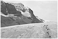 Toe of Athabasca Glacier with tourists in delimited area. Jasper National Park, Canadian Rockies, Alberta, Canada (black and white)