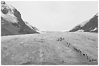 Toe of Athabasca Glacier with tourists in delimited area. Jasper National Park, Canadian Rockies, Alberta, Canada (black and white)