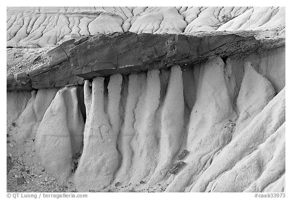 Eroded mud and caprock, Dinosaur Provincial Park. Alberta, Canada (black and white)