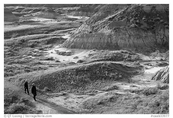 Hikers amongst badlands, morning, Dinosaur Provincial Park. Alberta, Canada (black and white)