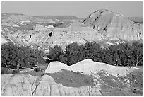 Campground amongst badlands, Dinosaur Provincial Park. Alberta, Canada (black and white)