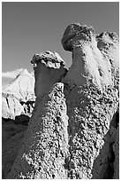 Capstone chimneys and popcorn mudstone, Dinosaur Provincial Park. Alberta, Canada (black and white)