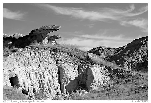 Caprock rocks and badlands, Dinosaur Provincial Park. Alberta, Canada (black and white)