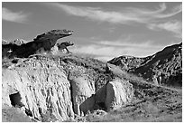 Caprock rocks and badlands, Dinosaur Provincial Park. Alberta, Canada ( black and white)