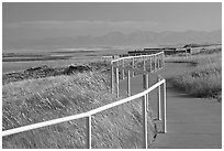 Interpretative trail and center at the top of the cliff, Head-Smashed-In Buffalo Jump. Alberta, Canada ( black and white)