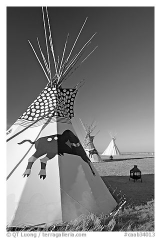 Teepee tents,  Head-Smashed-In Buffalo Jump. Alberta, Canada (black and white)