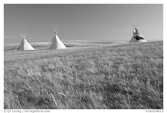 Teepees and tall grass prairie, Head-Smashed-In Buffalo Jump. Alberta, Canada (black and white)