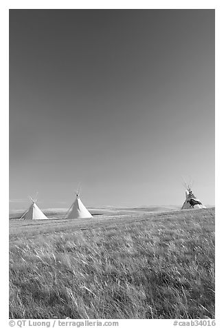 Teepee tents and prairie, late afternoon, Head-Smashed-In Buffalo Jump. Alberta, Canada