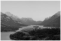 Prince of Wales hotel over Waterton Lakes, dusk. Waterton Lakes National Park, Alberta, Canada ( black and white)