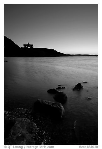 Waterton Lake and Prince of Wales hotel, dawn. Waterton Lakes National Park, Alberta, Canada (black and white)