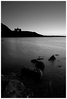 Waterton Lake and Prince of Wales hotel, dawn. Waterton Lakes National Park, Alberta, Canada ( black and white)