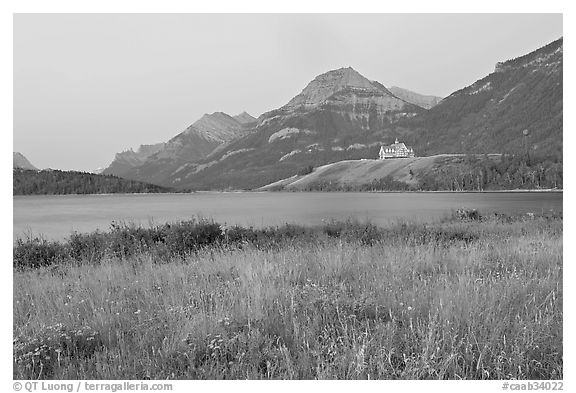 Prince of Wales hotel and upper Waterton Lake, dawn. Waterton Lakes National Park, Alberta, Canada (black and white)