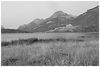 Prince of Wales hotel and upper Waterton Lake, dawn. Waterton Lakes National Park, Alberta, Canada (black and white)