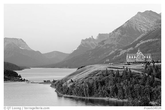 Waterton Lakes and Prince of Wales hotel, dawn. Waterton Lakes National Park, Alberta, Canada