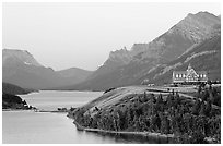 Waterton Lakes and Prince of Wales hotel, dawn. Waterton Lakes National Park, Alberta, Canada (black and white)