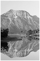 Mountain and reflection in Middle Waterton Lake, sunrise. Waterton Lakes National Park, Alberta, Canada (black and white)