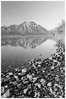 Pebbles, Middle Waterton Lake, and Vimy Peak, early morning. Waterton Lakes National Park, Alberta, Canada (black and white)