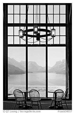 Waterton Lake seen though the immense picture windows of Prince of Wales hotel. Waterton Lakes National Park, Alberta, Canada (black and white)