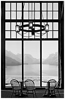 Waterton Lake seen though the immense picture windows of Prince of Wales hotel. Waterton Lakes National Park, Alberta, Canada (black and white)