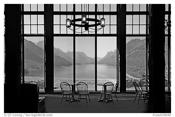 Lobby of Prince of Wales hotel with view over Waterton Lake. Waterton Lakes National Park, Alberta, Canada