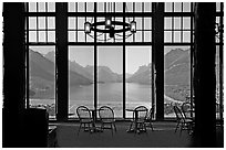 Lobby of Prince of Wales hotel with view over Waterton Lake. Waterton Lakes National Park, Alberta, Canada (black and white)