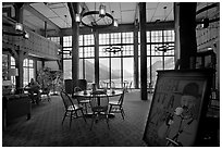 High Tea sign and lobby of historic Prince of Wales hotel. Waterton Lakes National Park, Alberta, Canada (black and white)