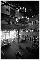 Lobby and chandelier of historic Prince of Wales hotel. Waterton Lakes National Park, Alberta, Canada (black and white)