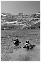 Scuba diving in Cameron Lake, a cold mountain lake. Waterton Lakes National Park, Alberta, Canada (black and white)