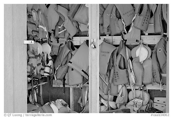 Lifejackets in Cameron Lake boathouse. Waterton Lakes National Park, Alberta, Canada