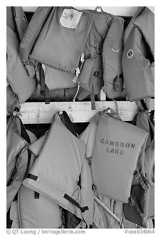 Lifevests in Cameron Lake boathouse. Waterton Lakes National Park, Alberta, Canada (black and white)