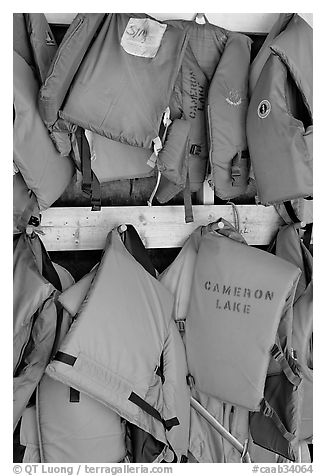 Lifevests in Cameron Lake boathouse. Waterton Lakes National Park, Alberta, Canada