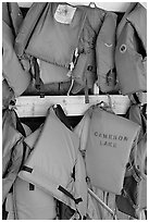 Lifevests in Cameron Lake boathouse. Waterton Lakes National Park, Alberta, Canada (black and white)