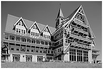 Prince of Wales hotel facade. Waterton Lakes National Park, Alberta, Canada (black and white)