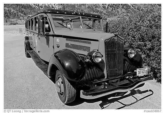 Red antique busses from Glacier National Park. Waterton Lakes National Park, Alberta, Canada