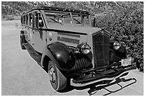 Red antique busses from Glacier National Park. Waterton Lakes National Park, Alberta, Canada ( black and white)