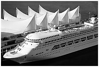 sail-like roof of Canada Place and cruise ship. Vancouver, British Columbia, Canada (black and white)