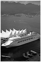 Canada Place, cruise ship, and Burrard Inlet. Vancouver, British Columbia, Canada (black and white)