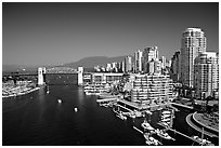 Burrard Bridge, harbor, and high-rise residential buildings. Vancouver, British Columbia, Canada (black and white)