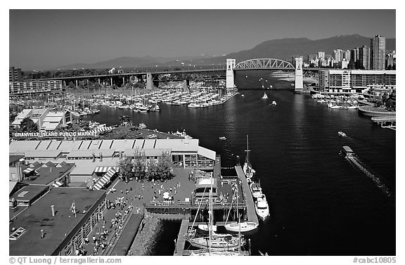 Granville Island and False Creek. Vancouver, British Columbia, Canada (black and white)