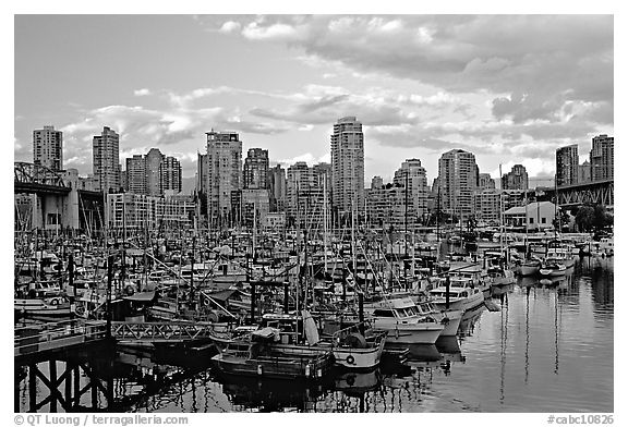 Skyline and small boat harbor. Vancouver, British Columbia, Canada (black and white)