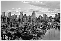 Skyline and small boat harbor. Vancouver, British Columbia, Canada (black and white)