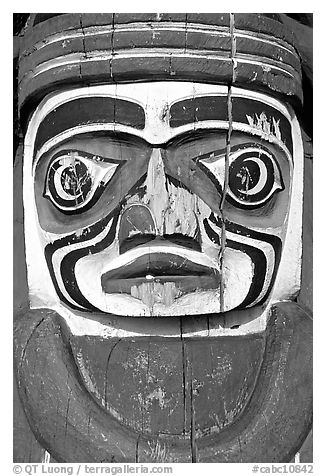 Totem detail, Stanley Park. Vancouver, British Columbia, Canada (black and white)