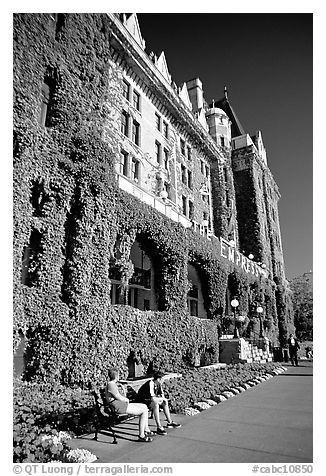 Ivy-covered facade of Empress hotel. Victoria, British Columbia, Canada (black and white)