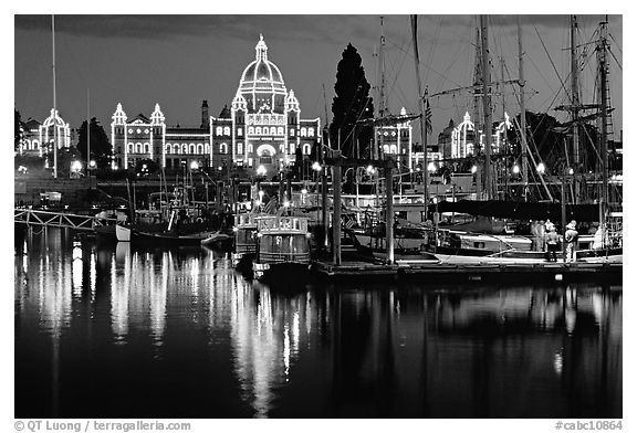 Inner harbor at night. Victoria, British Columbia, Canada (black and white)