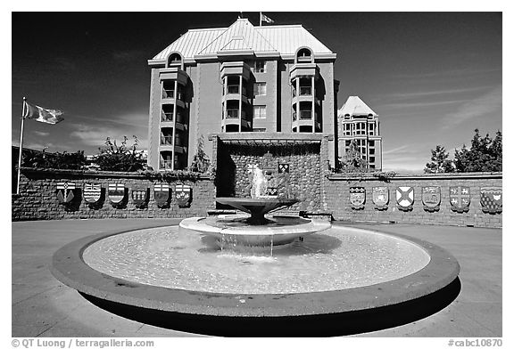 Confederation plazza with the shields of each of the Canadian provinces and territories. Victoria, British Columbia, Canada (black and white)